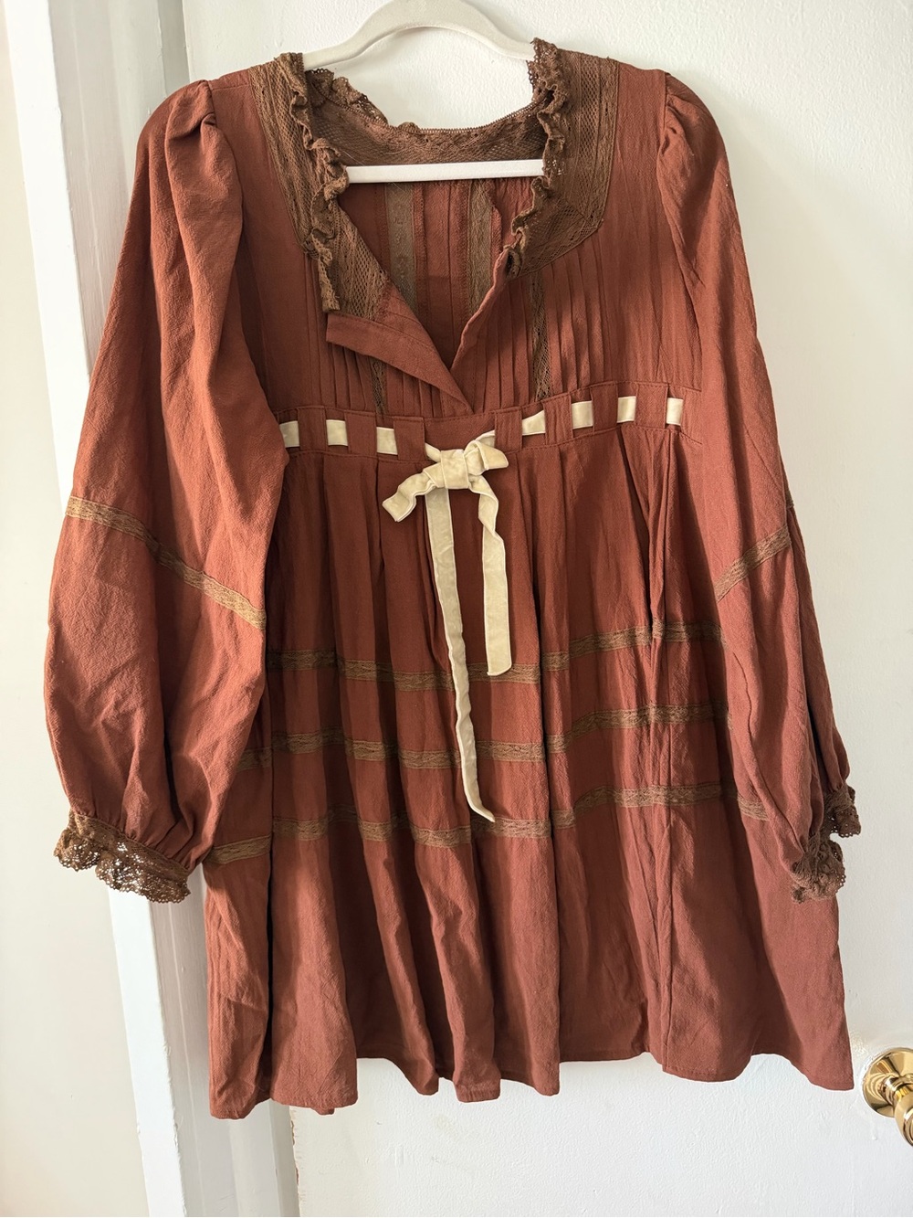 Boho Lace-Trim Peasant Dress in Rust - Brand Unspecified
